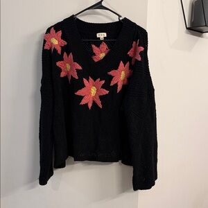 POL Black Sweater with Red Floral V-Neck